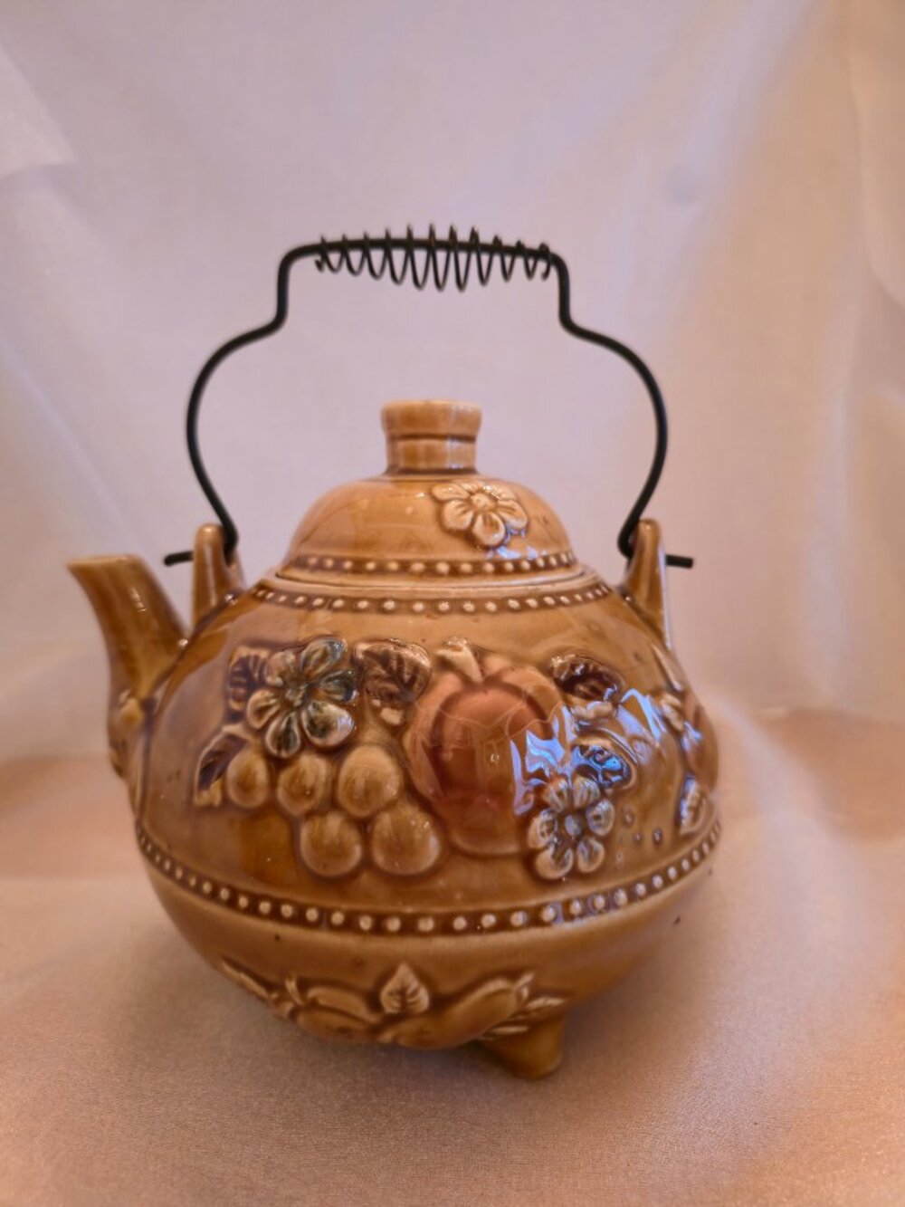 Vintage Footed Teapot with Fall Harvest Fruit Theme, Mustard Color Made in Japan
